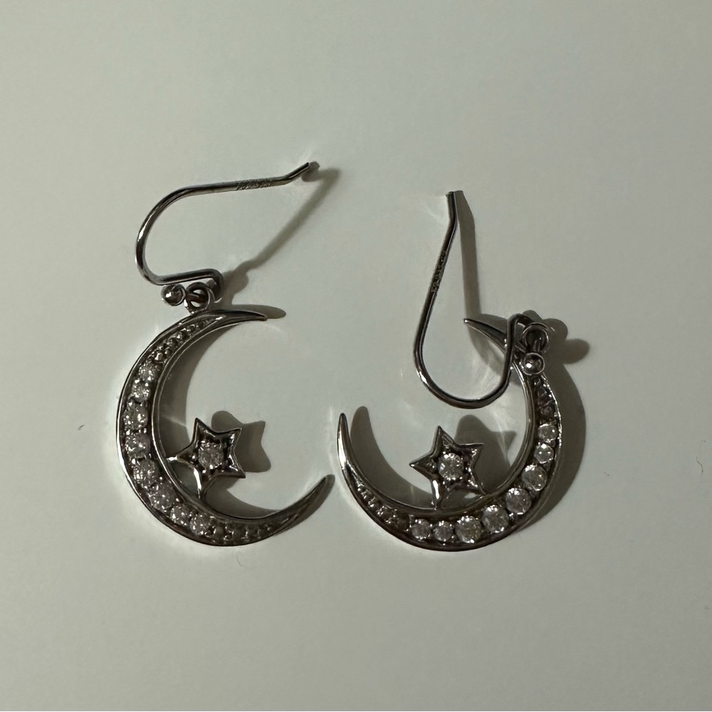 Sterling Silver Round Cubic Zirconia Crescent Moon & Star Dangle Earrings